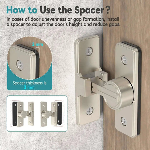 Instruction guide showing spacer use for Heavy Duty 90 Degree Barn Door Lock With Zinc Alloy Build on uneven door, nickel finish.
