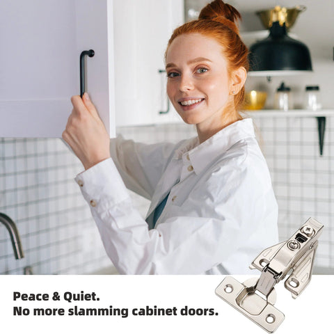 DecoBasics 2-pack full-overlay cabinet hinges, 105° face-frame, soft-close, clip-on plate.