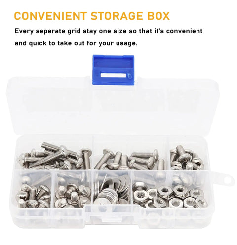 110 Piece 10 32 Pan Phillips Screws Hex Nuts Flat Washers Assortment Kit in 304 Stainless Steel with durable storage box.