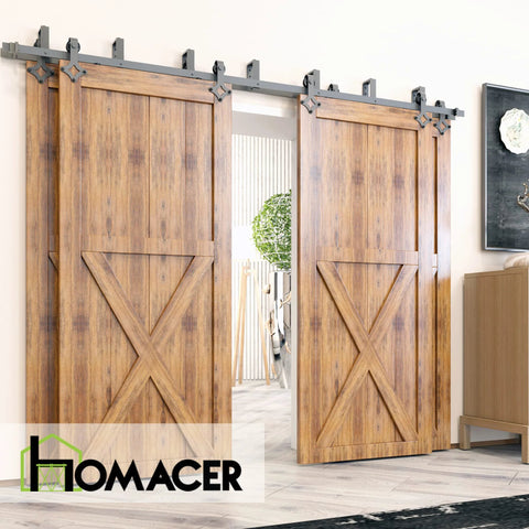 Rustic Black Double Track U Shape Bypass Sliding Barn Door Hardware Kit For Four Doors With 12 Foot Flat Track installed