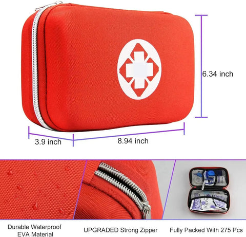 Red EVA case for Car First Aid Kit 275 Piece Grab And Go Survival Gear, shown with dimensions and open view.