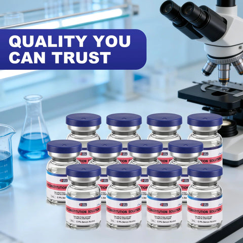 Reconstitution solution vials, 5 ml, 12-pack in premium glass with blue caps on a lab bench beside a microscope