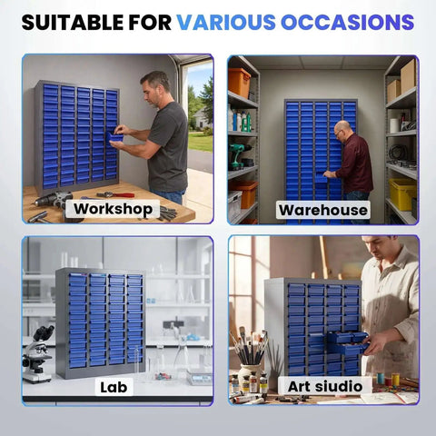 Beefy Heavy Duty Bolt Bin Organizer With 40 Drawers, ABS Plastic Parts Cabinet for garage workshop storage, shown in various settings.