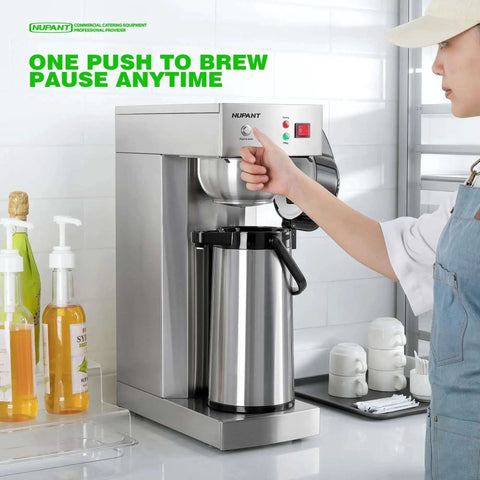 Person operating No-Fuss Auto-Filling Commercial Airpot Coffee Brewer 2.2L 74oz, Stainless Steel Thermal Carafe, in kitchen