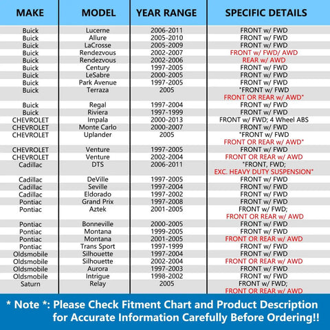 Fitment chart for Pair Front or Rear Wheel Bearing Hub Assembly for Chevy Impala Monte Carlo Venture, Cadillac DTS DeVille Seville and more