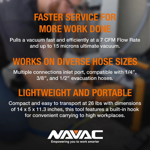 NAVAC NP7DP2 HVAC vacuum pump banner with orange headings; NAVAC logo at bottom.