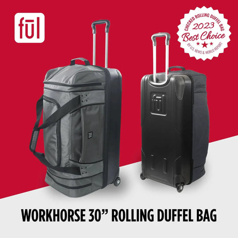 30 Inch Rolling Duffel Bag From Ful With Split Level Storage And Hard Shell Base, two views showing side and back with wheels, grey.