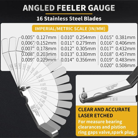 Premium Stainless Steel Feeler Gauge Set For Valves With Straight And Angled Blades For Automotive Work Two Piece Kit With Inch And Metric Measurements 48 Blades Total 32 Straight And 16 Angled Blades Gauge Tool For Gap Checking And Valve Clearance