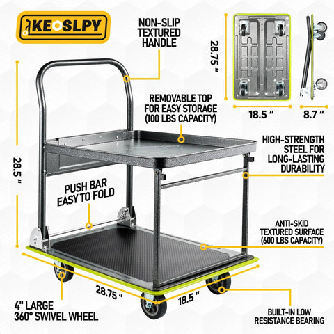Upgraded 700 Lbs Capacity Push Cart Dolly With Foldable Platform Two Tier Heavy Duty Flatbed Cart On Wheels for Warehouse 