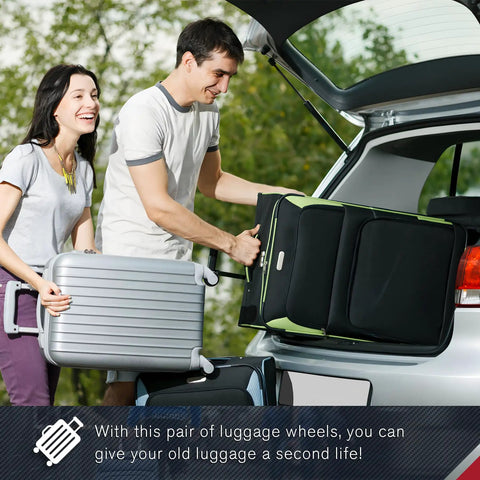 Couple loading suitcases into car trunk using 4 Pcs Luggage Wheels Replacement 50x14mm Suitcase Wheels For Travel 2 Inch Diameter Rim Width 14mm Wear Resistant Casters Fit Most Suitcases And Carry Ons Provide Smooth Quiet Rolling Easy Install Durable Construction For Long Lasting Use.