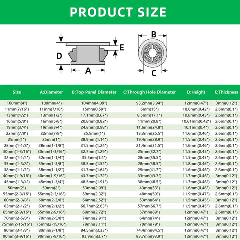 Product size chart for 4 Pack Desk Cable Grommets 63mm Petal Buckle Nylon Snap Bushing, showing dimensions and specifications.