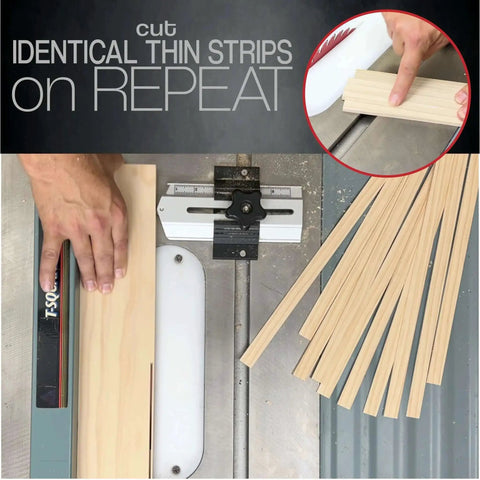 Thin Rip Jig for Table Saws and Router Tables cutting repetitive narrow strips in 3/4 by 3/8 inch miter slots