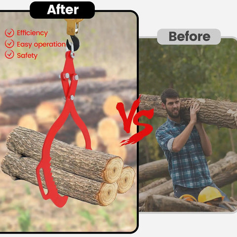 Image comparison of manual log lifting vs Heavy Duty 28 Inch Log Tongs With Dual Serrated Claws Log Grapple for lifting timber.