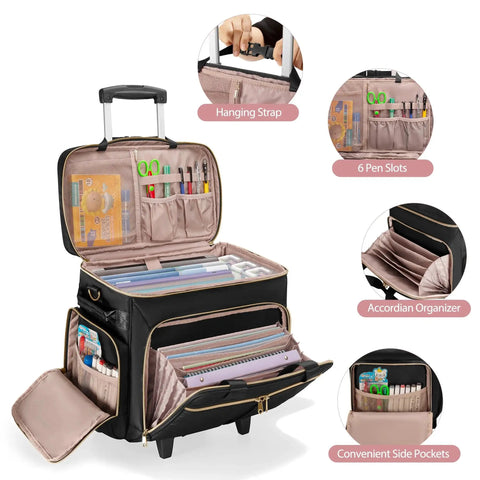 Rolling Teacher Bag With Wheels And Detachable Trolley Black Fits 15.6 Inch Laptop, open compartments showing organized storage