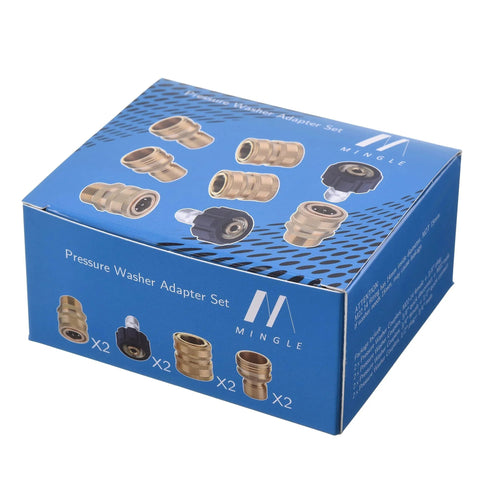 Ultimate Pressure Washer Adapter Set With Quick Disconnect Kit, M22 14mm Swivel To Three Eighths Inch Quick Connect, Three Quarter Inch To Quick Release, Eight Pack Universal Coupler Kit For Power Washers And Garden Hoses, boxed.