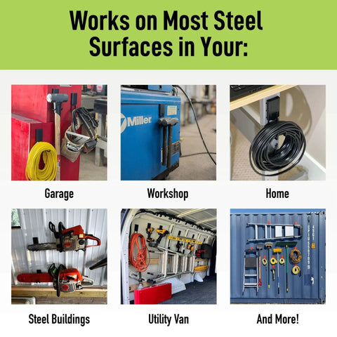 Image displaying 4 Inch Open Magnetic Hooks Set used in garage, workshop, home, steel building, utility van, and more on steel surfaces.