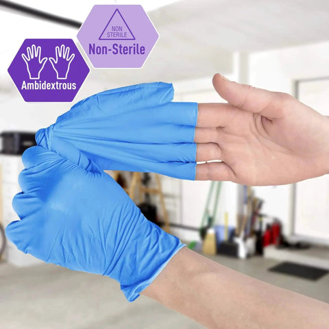A person wearing blue nitrile vinyl blend exam gloves, ambidextrous and non-sterile, demonstrating flexibility.