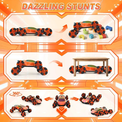 Collage showcasing 8 Wheel Gesture Sensing RC Stunt Car performing flips and navigating obstacles, a fun remote control vehicle for kids.