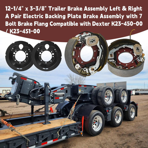 Electric trailer brake assembly pair (right & left); black backing plates with metallic components for Dexter 9k-10k lb axles