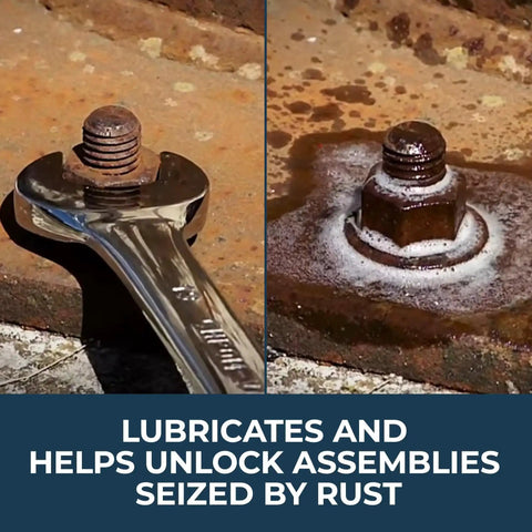 Image showing a wrench loosening rusted bolts using Penetrating Oil 34 Oz Multipurpose Lubricant And Rust Remover For Cars Motorcycles And Home Projects Loosens Stuck Bolts Dissolves Rust Cleans And Protects Metal Parts Silicone Free Deep Penetrating Degreaser on rusted metal