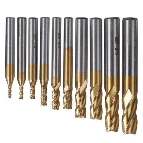 Ten Pack 4 Flute Titanium Coated End Mills Set For CNC Milling In Wood Aluminum Steel Titanium Range 5 64th Inch To 3 8th Inch HSS Straight Shank Cutter Bits For DIY Makers And Pros