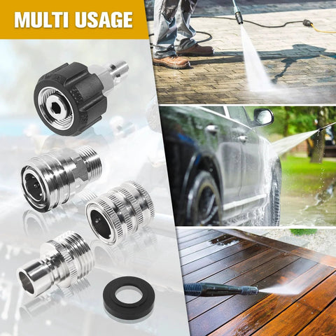 Universal Stainless Steel Pressure Washer Quick Connect Adapter Kit With M22 To Fourteen Millimeter And Fifteen Millimeter Swivel Heads