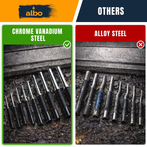 Comparison of chrome vanadium steel and alloy steel roll pin punch sets, showing nine-piece SAE range with knurled handles.
