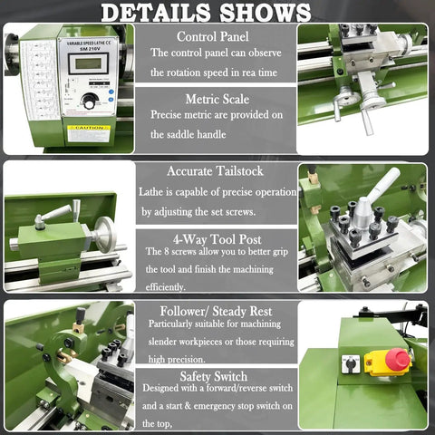 Close-up of control panel, tailstock, tool post, and safety switch of Dual Chuck Metal Lathe For DIY And Pro Shops 8x30 Inch Bench Lathe