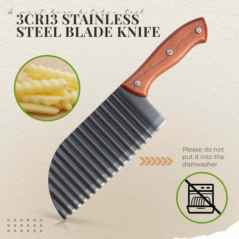 3CR13 stainless steel blade knife with wooden handle and wavy edge, suitable for crinkle cutting potatoes and vegetables.