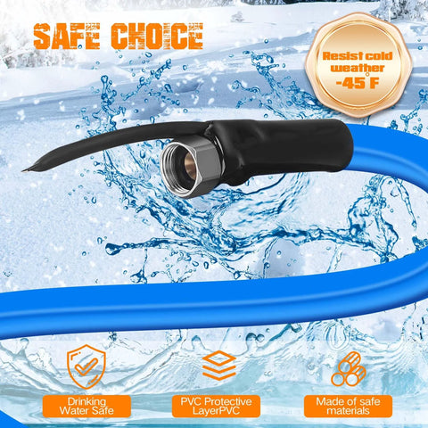 30ft heated RV water hose, blue exterior with metal threaded connector and black insulation; drinking-water safe, -45°F freeze protection.