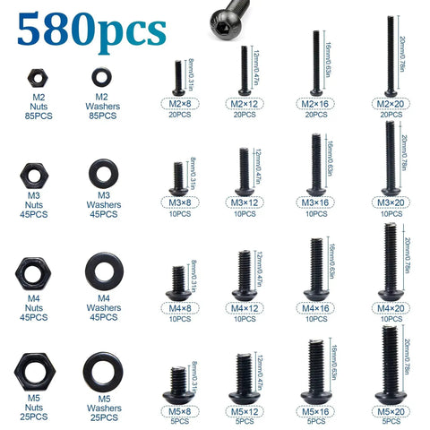 580 Piece Hex Socket Cap Screws Set With Nuts And Flat Washers, M2-M5 Sizes, 8-20mm Lengths, 304 Stainless Steel Hardware Kit