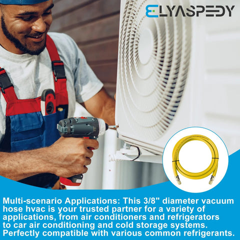 Side view of HVAC technician installing a yellow 3/8" refrigerant vacuum hose on an outdoor AC unit; 6 ft long.