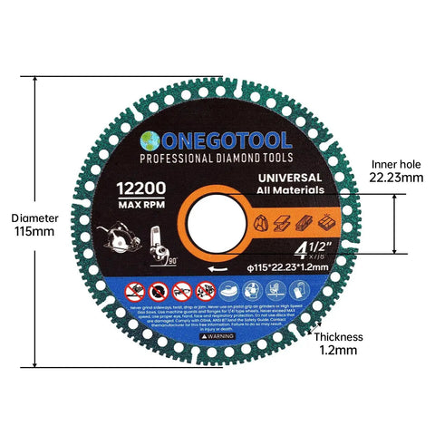 Indestructible Diamond Cut Off Wheels For Angle Grinder Four And A Half Inch With Seven Eighths Arbor All Purpose Metal Tile Stone Cutting Discs 3 Pack ONEGOTOOL with dimensions and specifications visible