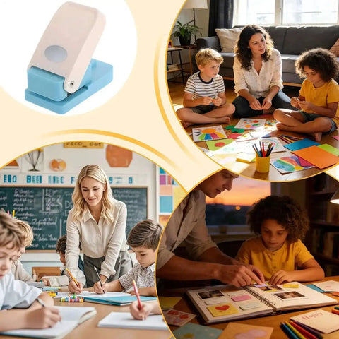 Portable Oval Tab Punch For Scrapbooking And Card Making used in DIY craft projects and classrooms with children and parents.
