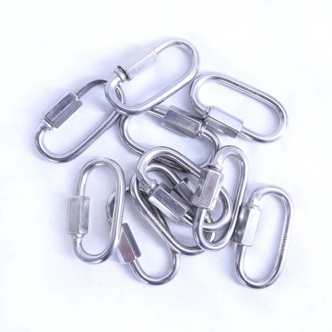 1.7 Inch Stainless Steel Carabiner And 304 Grade Chain Quick Links Set, 10 Pack, screw locking connectors shown in pile