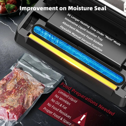 Close-up view of Next Gen Vacuum Sealer Machine With Smart Visual Status System One Touch Pro Grade Vac Settings, sealing meat.