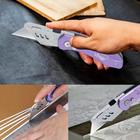 Person using Folding Utility Knife With Quick Change SK5 Blades Axis Lock Aluminum Handle to cut different materials.