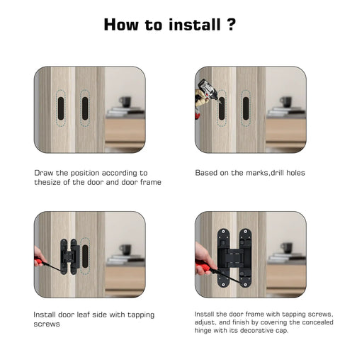 Installation steps for Matte Black Concealed Hinges Two Pack 180 Degree Adjustable Hidden Door Hinges For Secret Doors And Cabinets