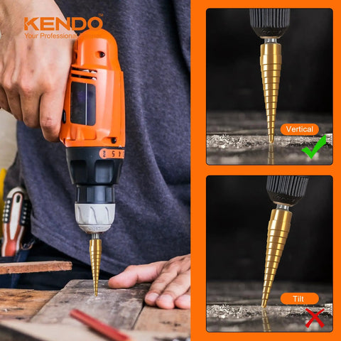 Step Drill Bit Set With 28 Size Options For Metal Wood And Plastic Titanium Coated HSS Double Cutting Blades in use on wood.