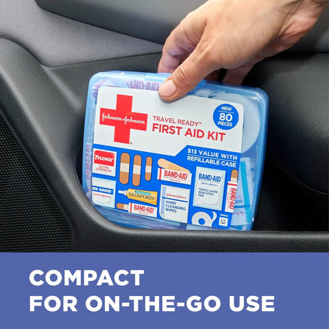 Travel Ready 80-Piece First Aid Kit For Home Car Travel Camping Essentials with BAND-AID Brand wound care supplies in car door pocket