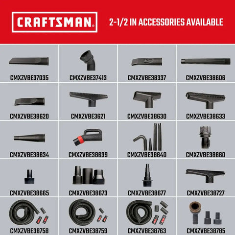 Craftsman 2-1/2 inch hose accessories with model numbers displayed in grid layout on a red background