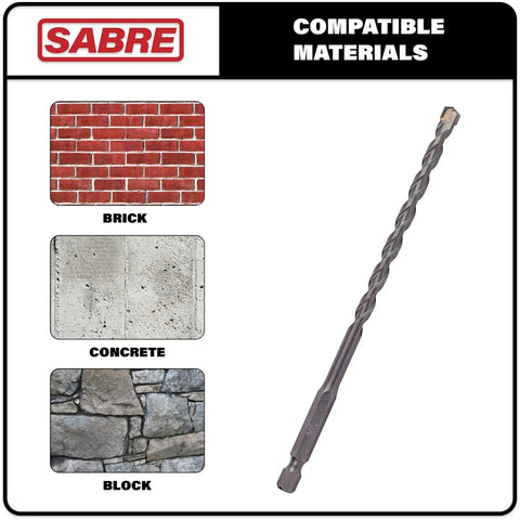 Carbide Tipped Masonry Drill Bit Set Five Pack For Concrete Brick Stone Three Sixteenths Inch By Six Inch With One Quarter Inch Hex Shank For Impact Drivers And Drills Sabre Tools shown with compatible materials like brick, concrete, and block.