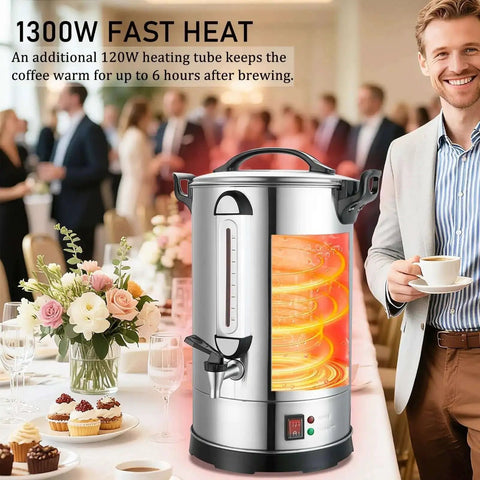 Beefy 100 Cup Commercial Coffee Urn With 1300W Quick Brew Heavy Duty Stainless Steel Double Wall Industrial Electric Percolator in catering setting