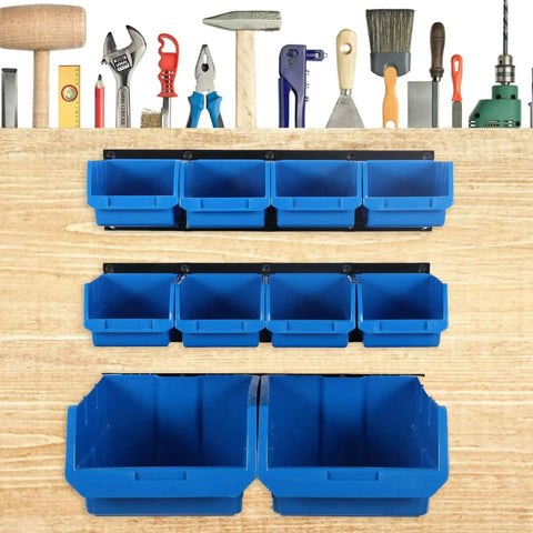 Wall Mount Tool Organizer With Ten Bins And Three Rails Space Saving Wall Storage Bins with tools on wooden background