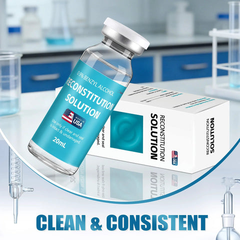 20 mL blue-label glass reconstitution solution vial with silver cap beside white box, USA-made.