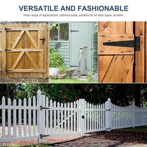 Various outdoor uses of Six Pack 3 Inch Black T Strap Shed Door Hinges for wood barn doors, gates, and fences.