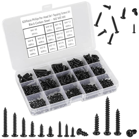 625 Piece Self Tapping Wood Screw Kit With 14 Sizes M2 M3 M4 Phillips Pan Head For Wood Plastic And Soft Metal Carbon Steel