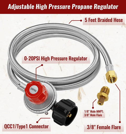 5ft braided propane regulator hose with red 0-20 PSI knob, QCC1/Type1 connector and 3/8" female flare.