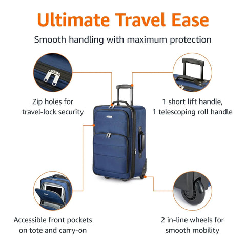 Softside Luggage Set With 23 Inch Expandable Wheeled Suitcase And 15 Inch Tote navy, features detailed, telescopic handle, pockets.
