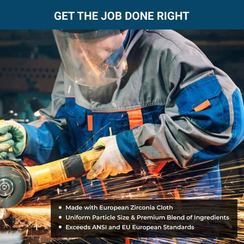 Worker using angle grinder with Premium Pro Grade High Density Jumbo Zirconia Type 27 Flap Discs for metalwork